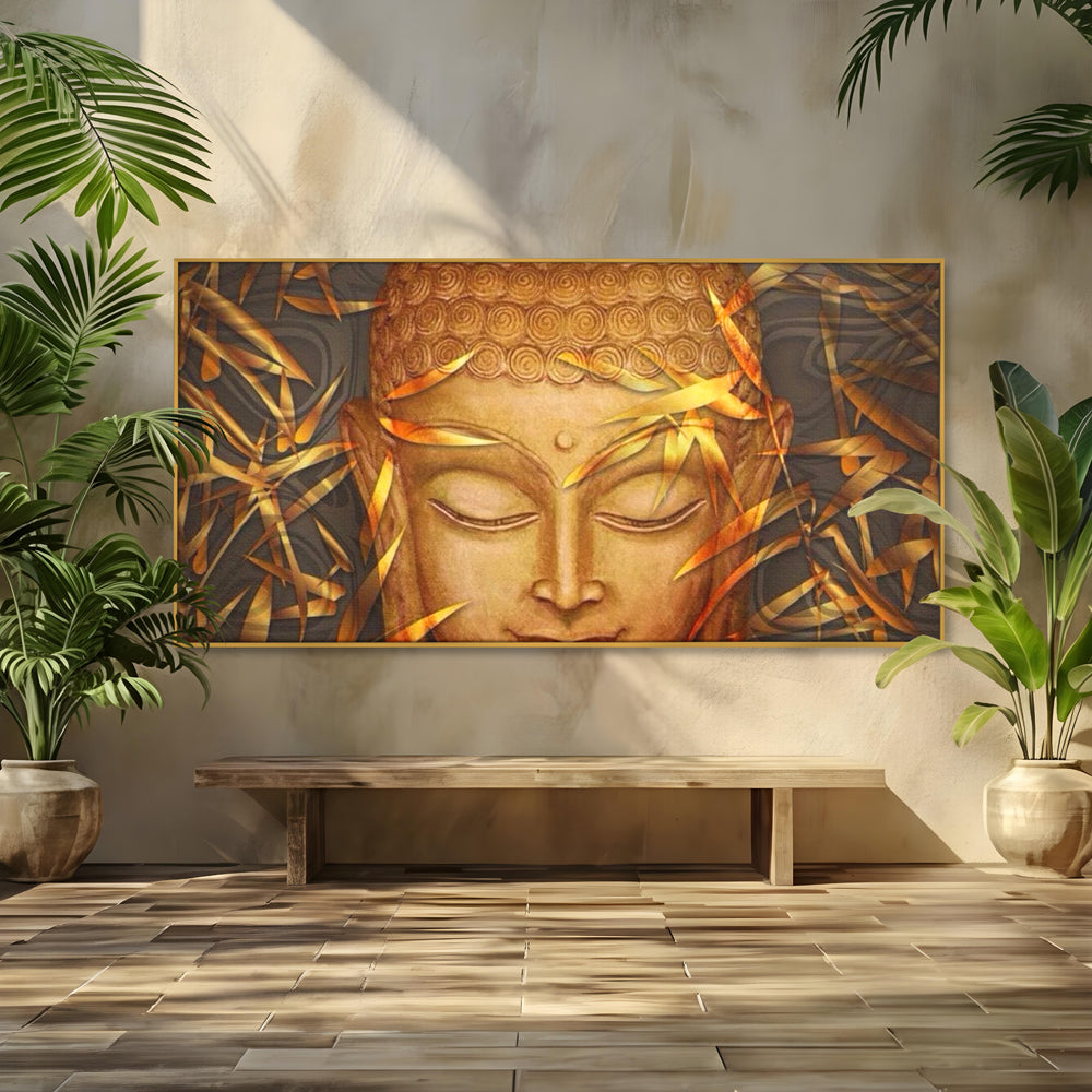 Tablou canvas cu tablou canvas cu chipul lui buddha, in rama de aluminiu auriu